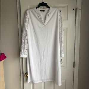 Kasper White Long Sleeve Dress with Lace Detail
